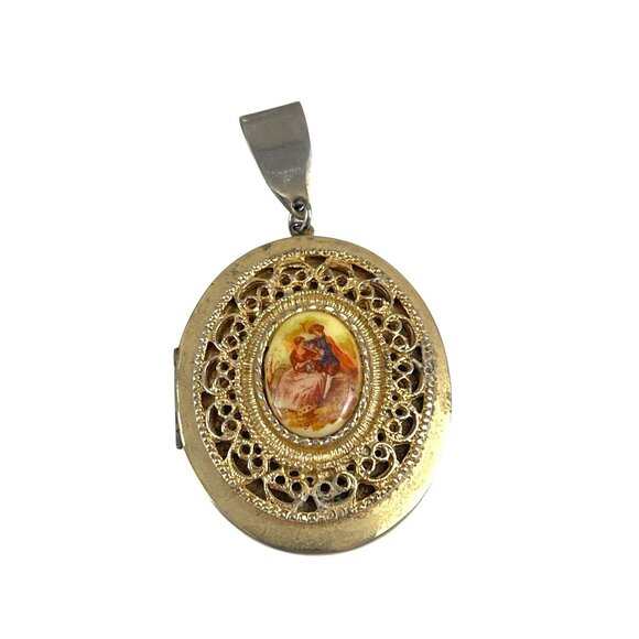 Vintage Oval Gold-Tone Filigree Locket Pendant With Romantic Scene & Silver Bail - Picture 4 of 6
